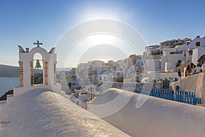 Church bell in oia, Santorini. Sunset. Greece.