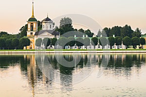 Church with bell tower in museum-estate Kuskovo, Moscow.