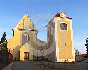 Church and bell tower in old town Benesov