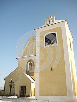 Church and bell tower in old town Benesov