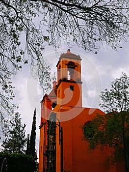 Church bell tower and tree silhouettes against grey cloudy sky in san miguel allende mexico