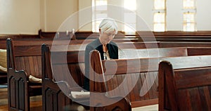 Church, bible or senior Christian woman ready to worship God, holy spirit or religion in cathedral alone. Faith, mature