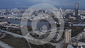 The Church on Blood and the cityscape of Ekaterinburg. Stock footage. Flying over the beautiful street and amazing