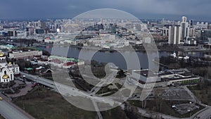 The Church on Blood and the cityscape of Ekaterinburg. Stock footage. Flying over the beautiful street and amazing