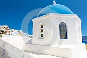 Church With Blue Cupola in Santorini, Greece