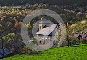 Church in Brdarka and blossoming cherry trees