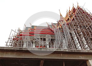 Church of Buddhist temple not finished under construction isolated on blue sky background closeup.