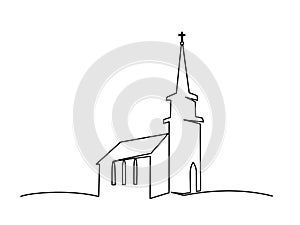 Church building hand drawn. Continuous one line drawing silhouette.