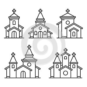 Church Building Icons Set on White Background. Line Style Vector