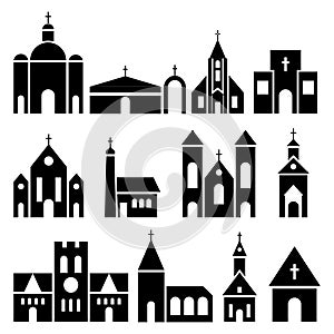Church building icons. Vector basilica and chapel silhouettes