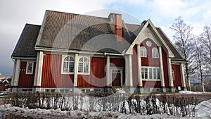 Church building in Leksand in winter in Dalarna, Sweden