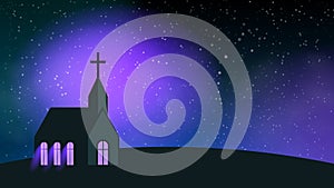 Church building in night hill. Galaxy space with stars background. Church poster concept. Online church service