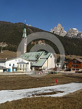 Church in Canazei Val di Fassa Italy Alps landscape