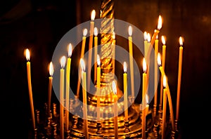 Church candelabrum with burning candles. Prayer and Meditation
