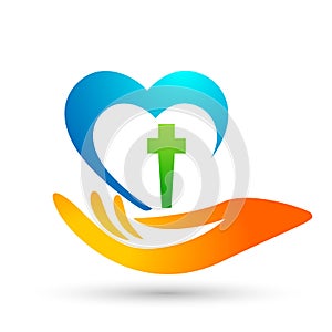Church care with hand logo icon Heart with cross love symbol on white background