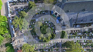 church cemetery cathedral, city prague. Spectacular aerial top view flight drone