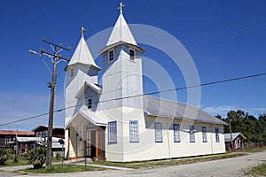 Church in Chacao village, Chiloe island, Chile photo