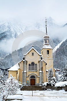 Church in Chamonix town in winter