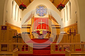 Church chancel and poinsettias