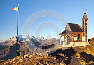Church or chapel on the mountain and Mount Marmolada