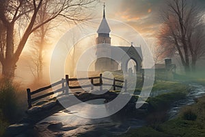 Church, Chapel sitting in the morning mist by a river and old stone built bridge. - ai generated art