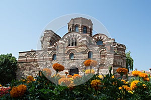 Church of Christ Pantokrator in Nesebar  in flowers - historical UNESCO town in Bulgaria, Europe