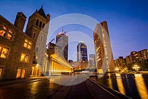 The Church of Christ, Scientist and modern buildings at the Christian Science Plaza at twilight, in Boston, Massachusetts.