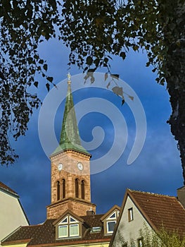 Church in city Furtwangen, Germany on blue sky