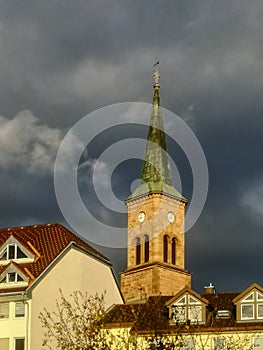 Church in city Furtwangen, Germany on cloudy sky