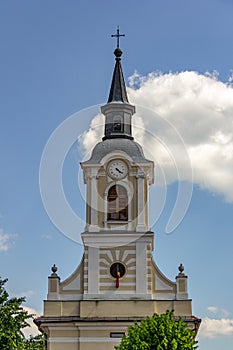 Church clock and bell tower in Medias, Romania