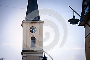 Church clocktower steeple of the serbian roman catholic church of crkva svetog karla boromejskog