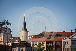 Church clocktower steeple of the serbian roman catholic church of crkva svetog karla boromejskog, in pancevo