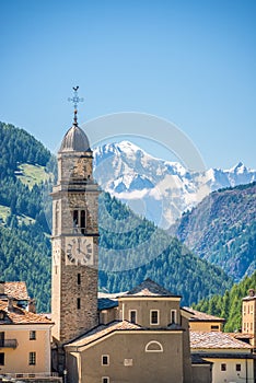 Church of Cogne, Monte Bianco Mont Blanc in the background, Grand Paradiso National park, Aosta Valley in the Alps Italy