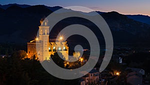 Church in a Corsican landscape by night