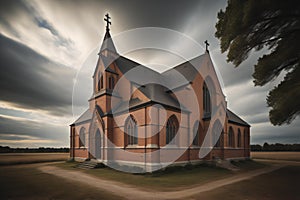 Church in the countryside, with cloudy sky in the background. Conceptual image. generative ai
