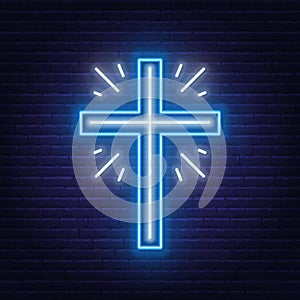 Church cross neon sign. Glowing symbol of the crucifixion