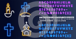 Church cross neon sign. Glowing symbol of the crucifixion. neon icon Church cross. Vector illustration