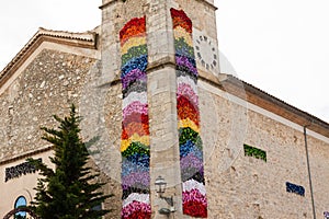 Church, decorated with colorful flowers, on \