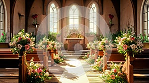 Church decorated for wedding ceremony simple style in sunny day