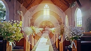 Church decorated for wedding ceremony simple style in sunny day