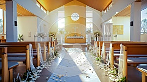 Church decorated for wedding ceremony simple style in sunny day