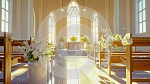 Church decorated for wedding ceremony simple style in sunny day