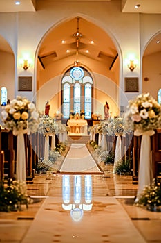 Church decorated for wedding ceremony simple style in sunny day