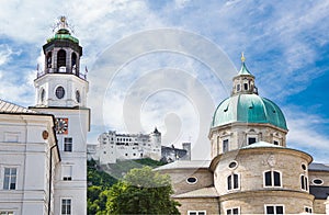 Church domes and Hohensalzburg fortress in Salzburg