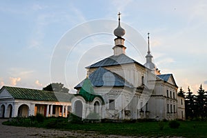 The church with domes under the blue sky