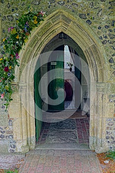 Church entrance Alciston Church. Sussex, UK