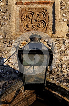 Church exterior detail with gaslight.