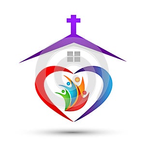 Church family heart shaped home logo, love union happy care concept in church logo on white background