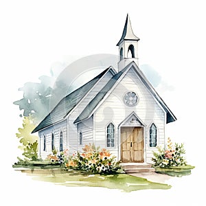 Church With Flowers Watercolor Painting