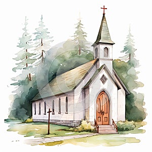 Church With Flowers Watercolor Painting